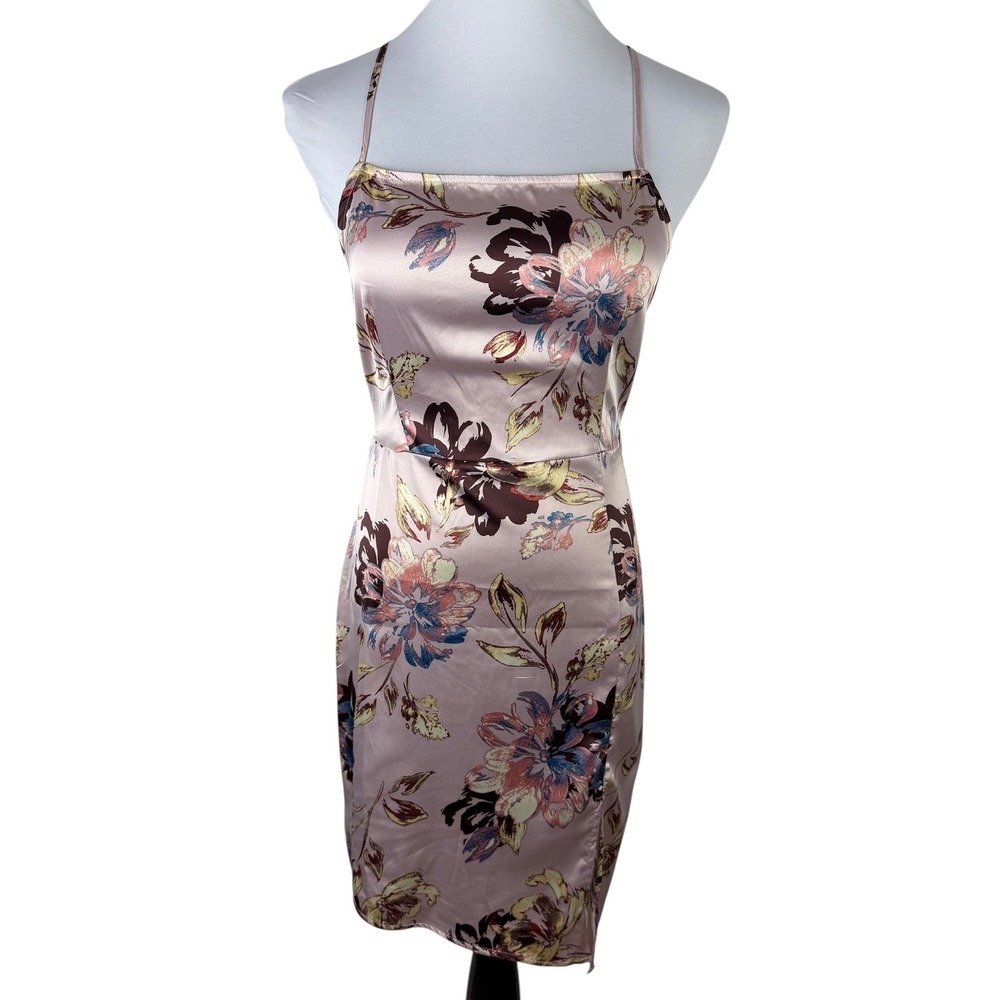 GBG Los Angeles Women's Small Pink Floral Satin Slip Mini Dress Square Neck‎